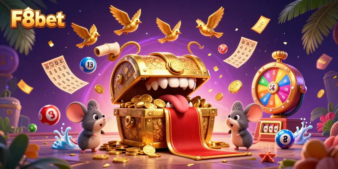 Experience the excitement of F8bet with vibrant lottery and gaming elements featuring a golden treasure chest.