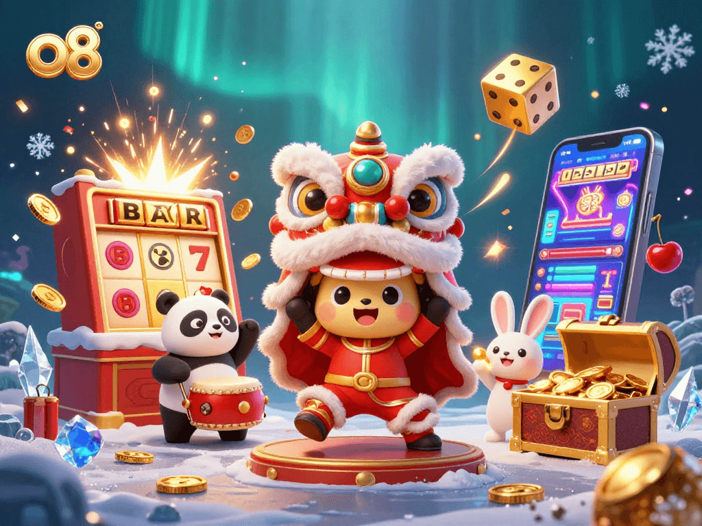Experience thrilling gameplay at O8 with a vibrant lion dance amidst a jackpot explosion