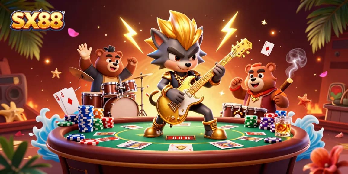 SX88 brings thrills with a cartoon rock star wolf and drummer bear on a vibrant casino stage.