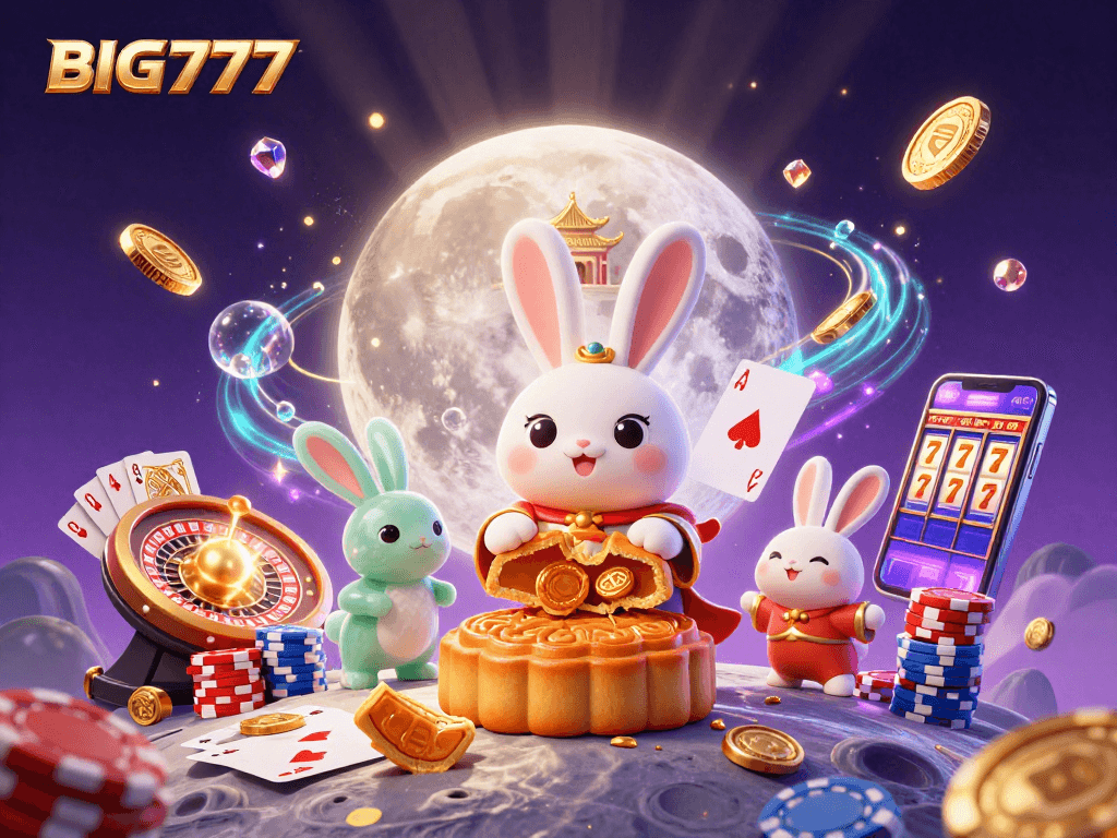 Join the action with BIG777 as the moon rabbit reveals poker chips in this captivating casino scene.