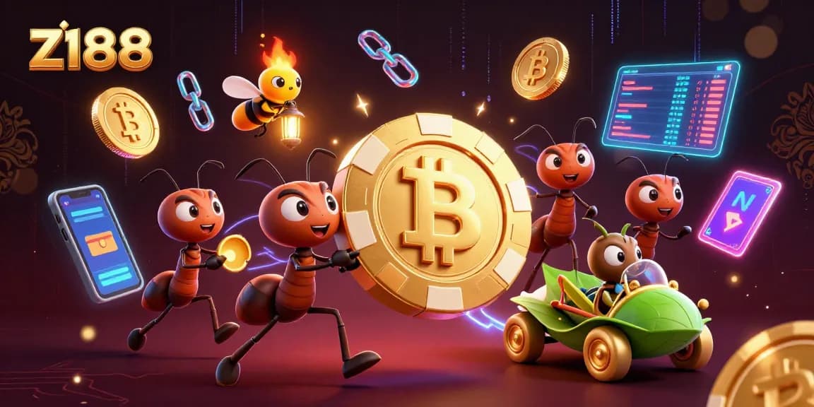 Engage with z188 through a thrilling cartoon heist featuring ants and a grasshopper in a vibrant casino scene.
