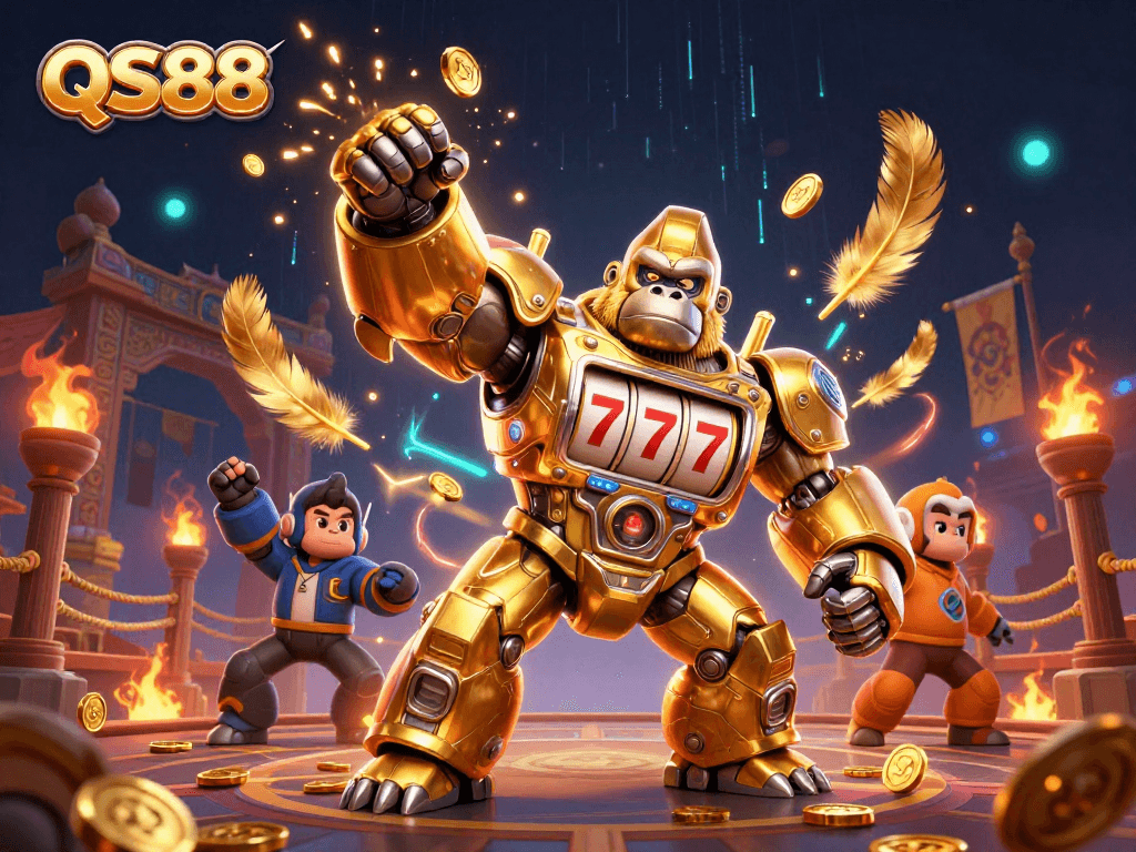 Engage with QS88's thrilling gameplay featuring a dynamic golden gorilla mech and immersive casino elements.