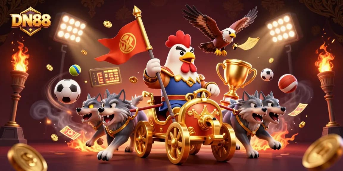 Claim your winnings at DN88 with a vibrant illustration of a cartoon rooster warlord leading an exciting betting scene.