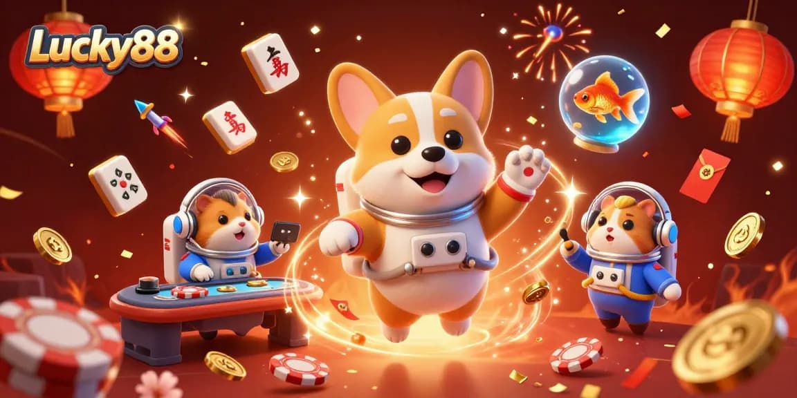 Experience thrilling fun at Lucky88 with a 3D illustration of floating casino elements.