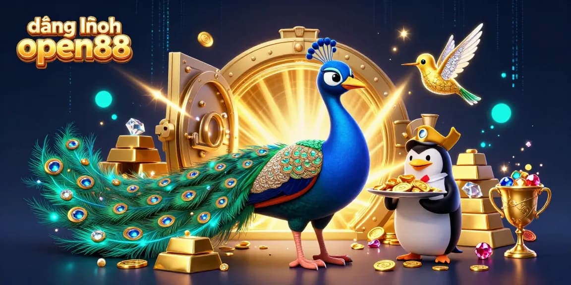 Experience excitement with đăng nhập open88, featuring luxury casino characters and treasures in a vibrant setting.