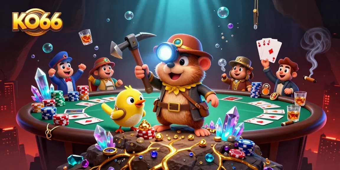 Engage in thrilling gameplay at KO66 with a vibrant mole character in a treasure-filled cave.