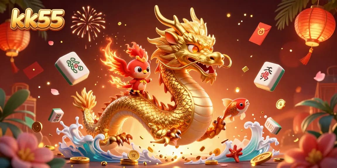 Feel the excitement with kk55 as the golden dragon and red phoenix soar amidst thrilling game elements and festive coins.