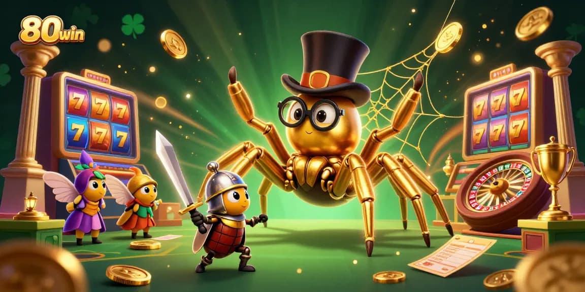 Engage with the excitement at 80win featuring a golden tarantula and beetle knight in a casino setting.