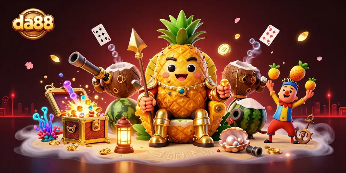 da88 casino illustration featuring a pineapple king, vibrant colors, and game elements for excitement