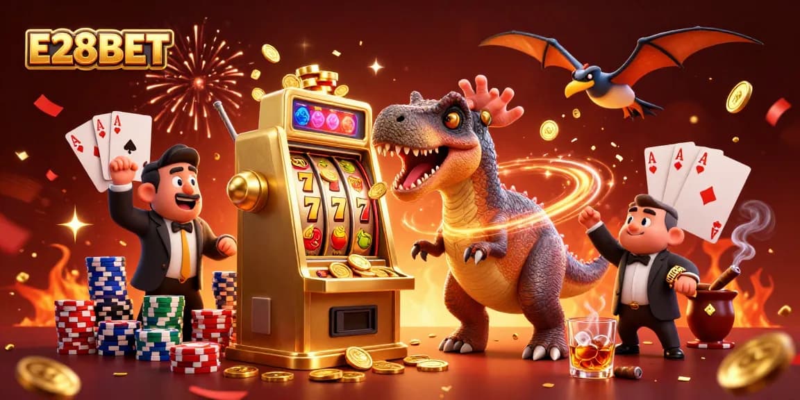 E28BET showcases a thrilling jackpot scene with dinosaurs at a dynamic casino.