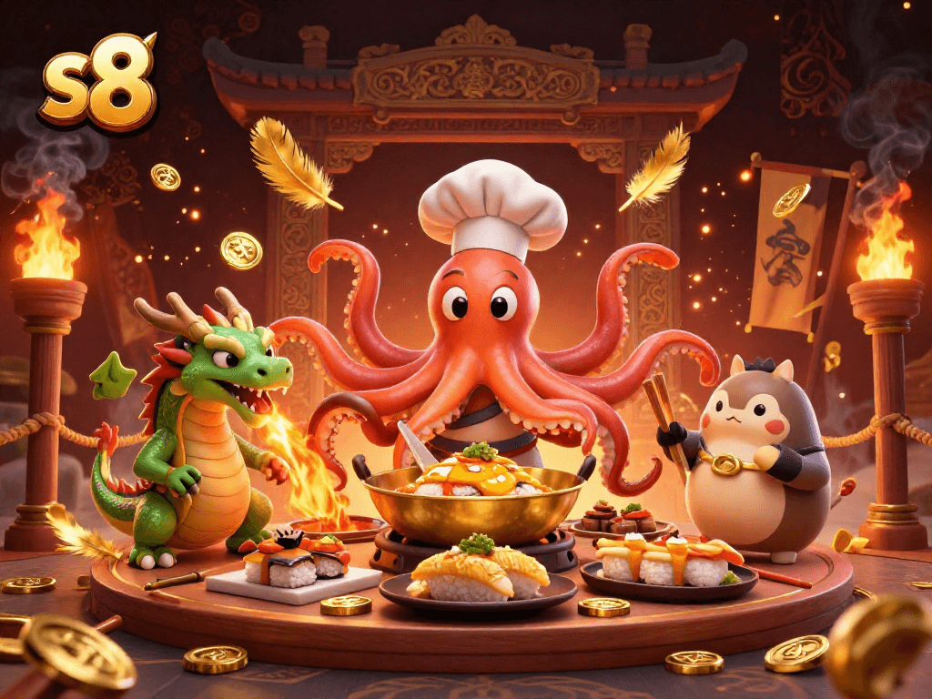 S8 platform offers engaging casino experiences with a vibrant illustration of an octopus chef, dragon, and tanuki.