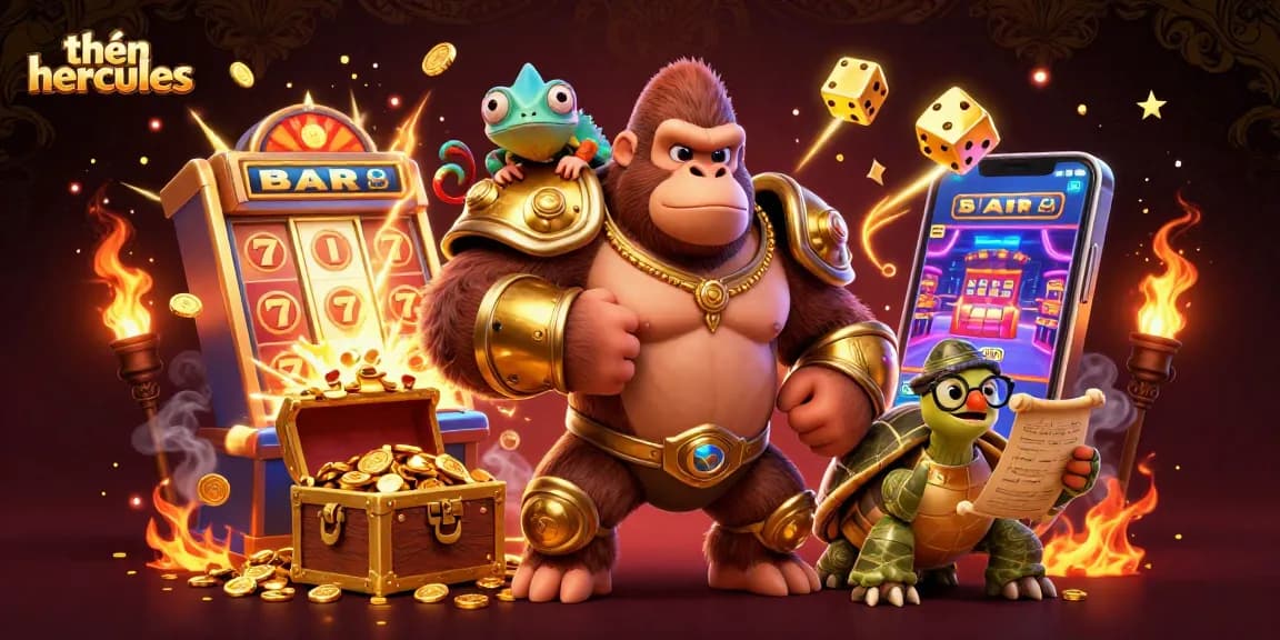 Experience thrilling jackpots with thần hercules alongside a gorilla king and treasure-filled scene.
