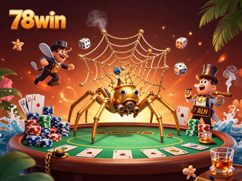 78win captivates as a golden spider spins a web of chance and poker thrills.