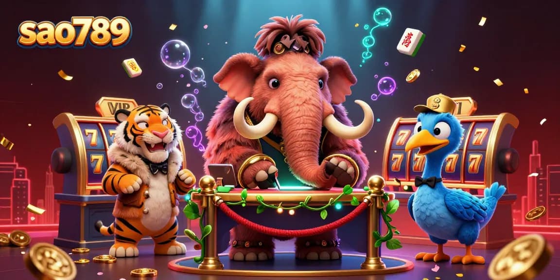 Sao789 gaming experience illustrated with a woolly mammoth bouncer, VIP saber-tooth tiger, and festive game elements.