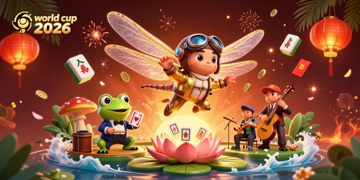 Bet on world cup 2026 action at a vibrant lily pad casino with joyful characters and gaming elements.