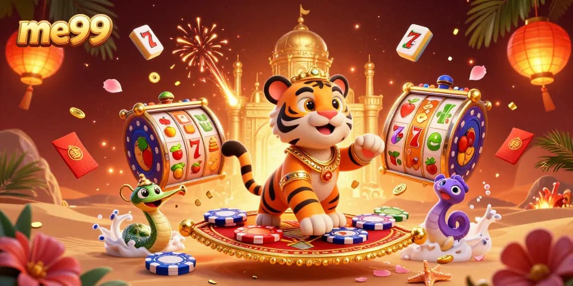 Experience the thrill of me99 with a vibrant 3D casino scene featuring magical characters and slots.