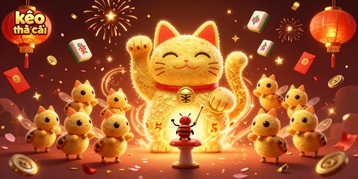 Experience exciting kèo nhà cái with a happy cat and vibrant casino symbols.