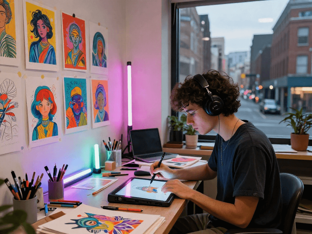 Creating NSFW AI-generated art in a vibrant urban studio setting