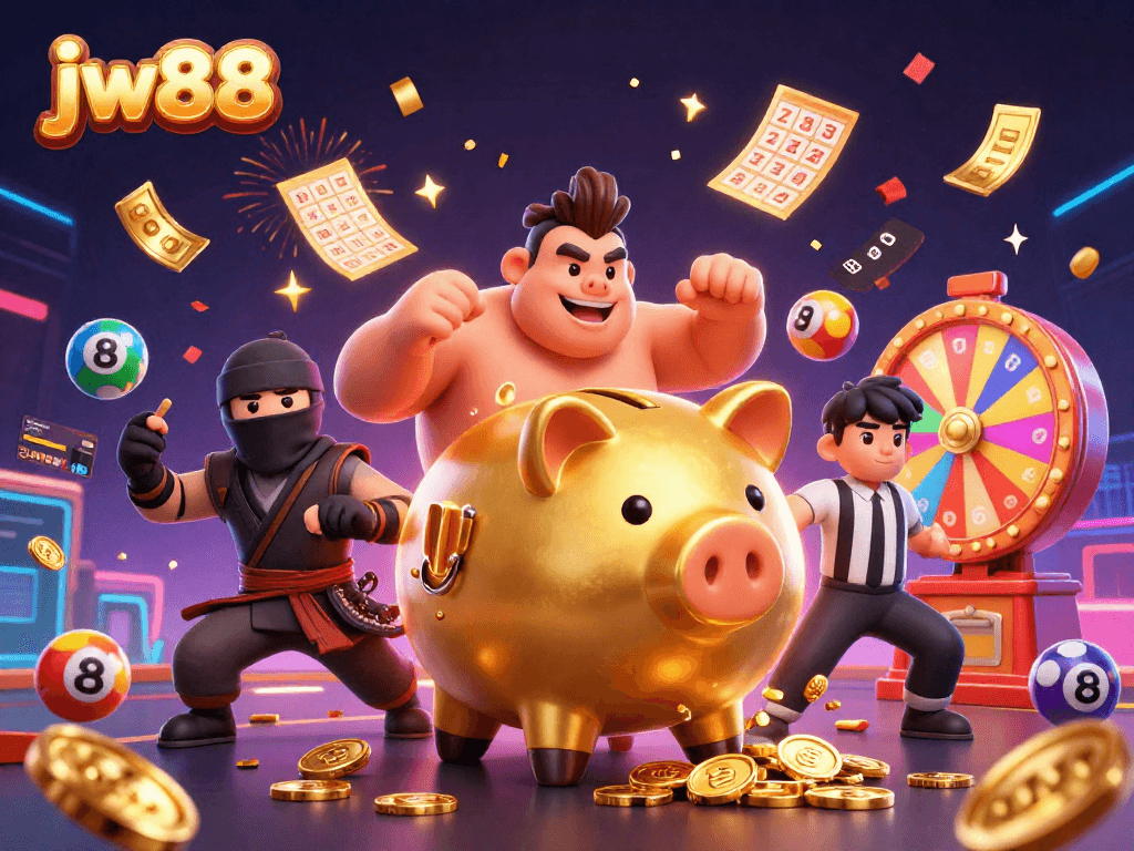 Engage with JW88's thrilling world of gaming featuring dynamic scenes of energetic cartoon characters.