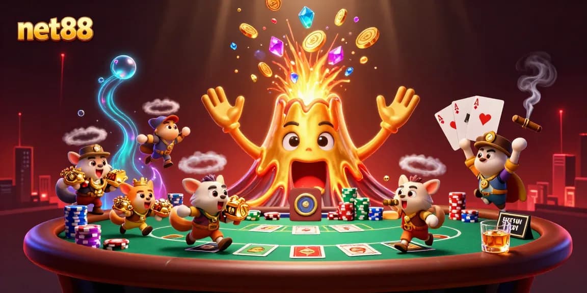 Engage with net88's thrilling casino scene featuring a golden volcano and poker elements.