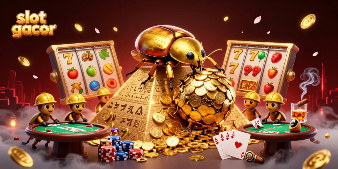 Experience slot gacor excitement with a golden beetle rolling coins in a vibrant casino scene.