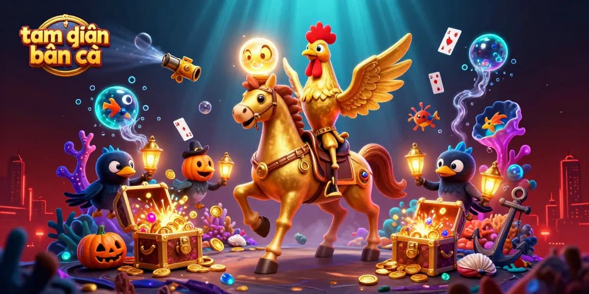Experience the thrilling adventure of tam tiên bắn cá with a spectacular golden rooster riding through a vibrant casino scene.