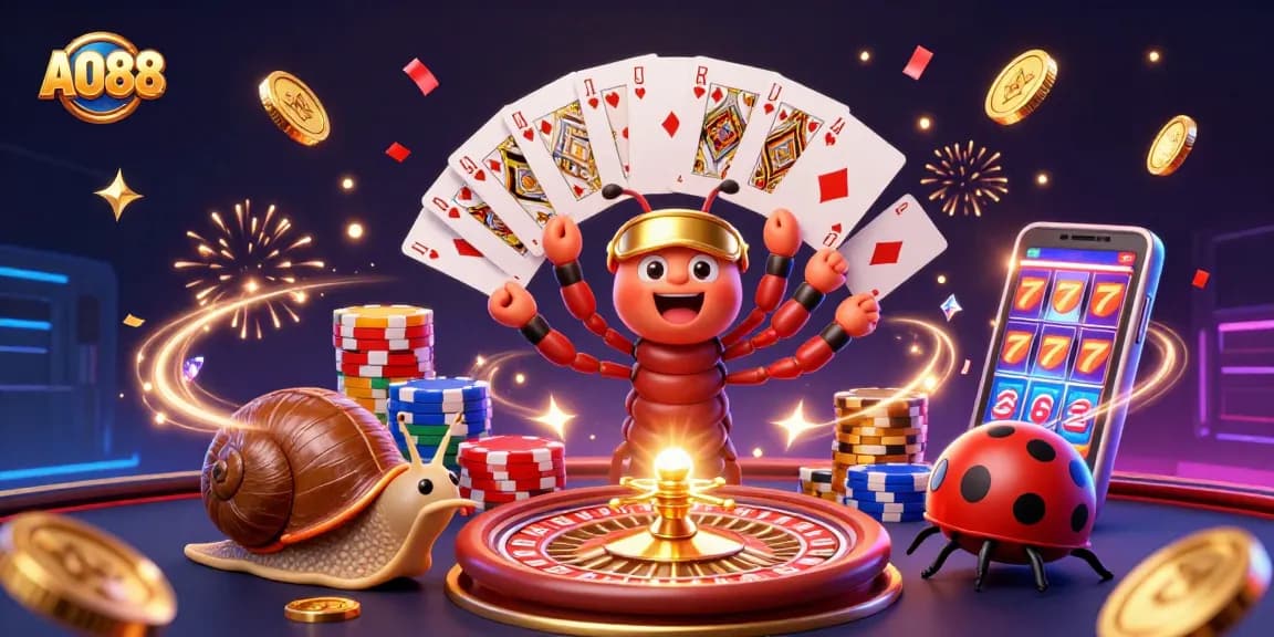 Experience excitement with AO88 at a vibrant casino scene featuring a millipede dealer and high-roller snail.