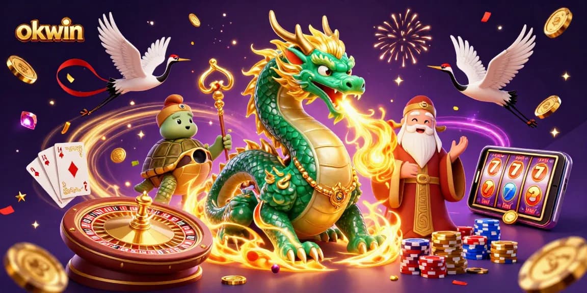 Play and win big with okwin in an exciting 3D casino scene featuring a dragon and dynamic gaming elements.