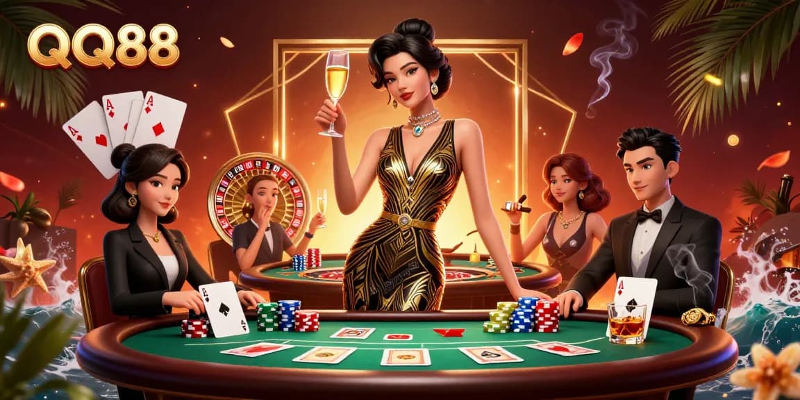 Experience thrilling gameplay with QQ88 at a glamorous casino scene featuring poker elements.