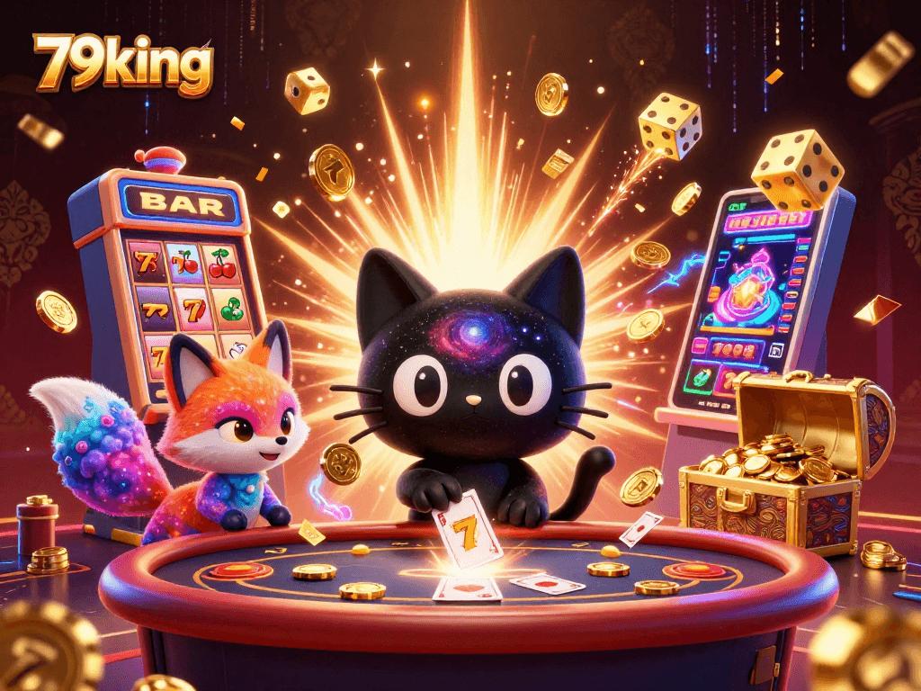 79king cosmic casino scene with a black hole cat and colorful fox companion capturing golden chips.