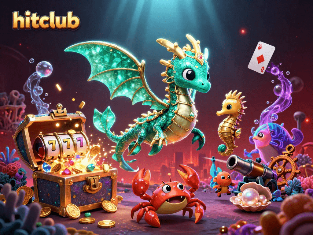 Engage with hitclub's slot reels and treasure-filled gaming world in this vibrant 3D scene.