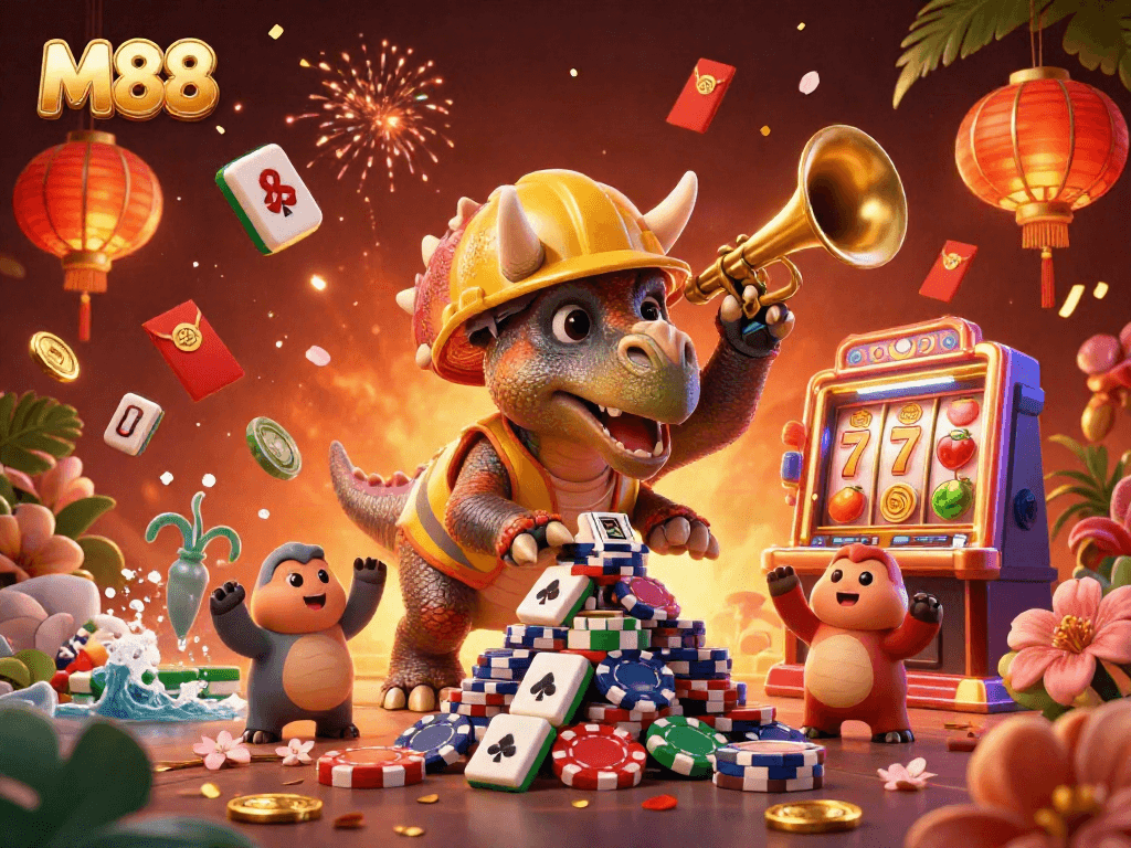 M88 presents a celebratory scene of a triceratops stacking poker chips, celebrating wins in gambling.