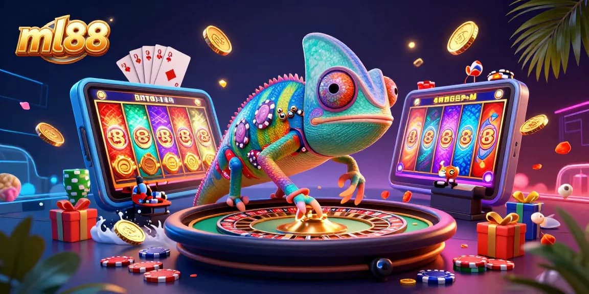 Engage with ml88's vibrant casino scene featuring a chameleon owner and dynamic slot games.