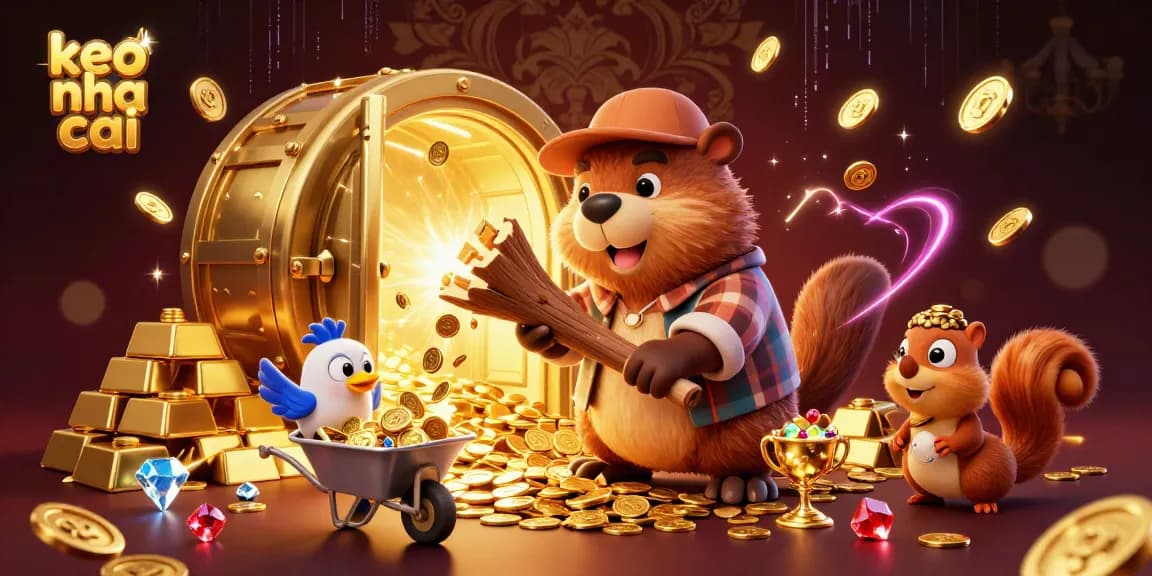 Engage with keo nha cai as a cartoon beaver collects treasures amidst a vibrant casino scene.
