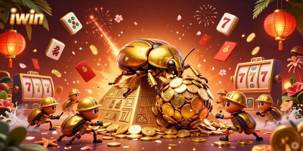 Experience exciting iwin gameplay with a golden beetle rolling coins in a vibrant casino scene.