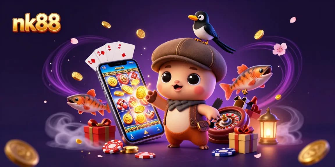 Engage with nk88's exciting slots and games featuring a playful Nessie and vibrant casino elements.