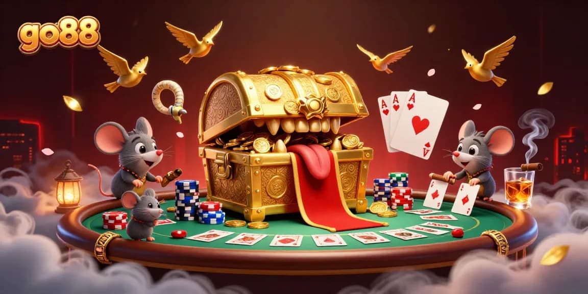 Engage with go88's thrilling card games surrounded by vibrant casino elements and adventurous characters.