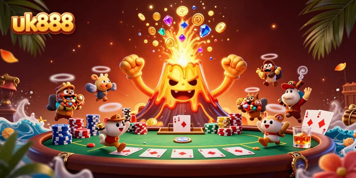 Experience excitement with uk888, as a golden volcano erupts with treasures at the poker table.