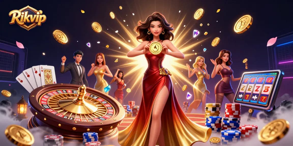 Rikvip gaming experience illustrated with stunning coins, cards, and vibrant casino elements in action