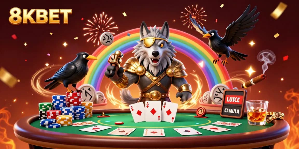Experience thrilling moments with 8KBET while gambling on vibrant poker tables filled with chips and cards.
