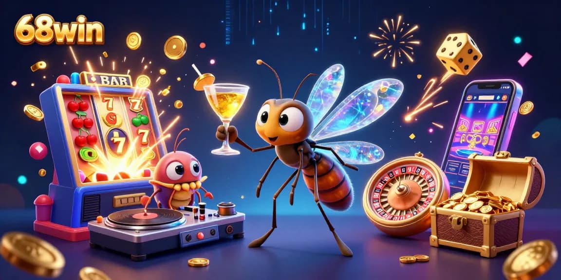 Experience thrilling wins at 68win with a vibrant 3D casino scene bursting with excitement.
