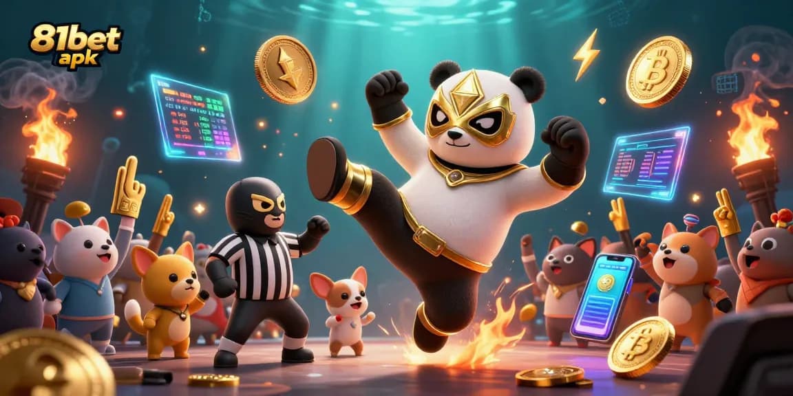 Engage with the high-energy action featuring 81bet apk, showcasing a panda wrestler and vibrant gaming elements.