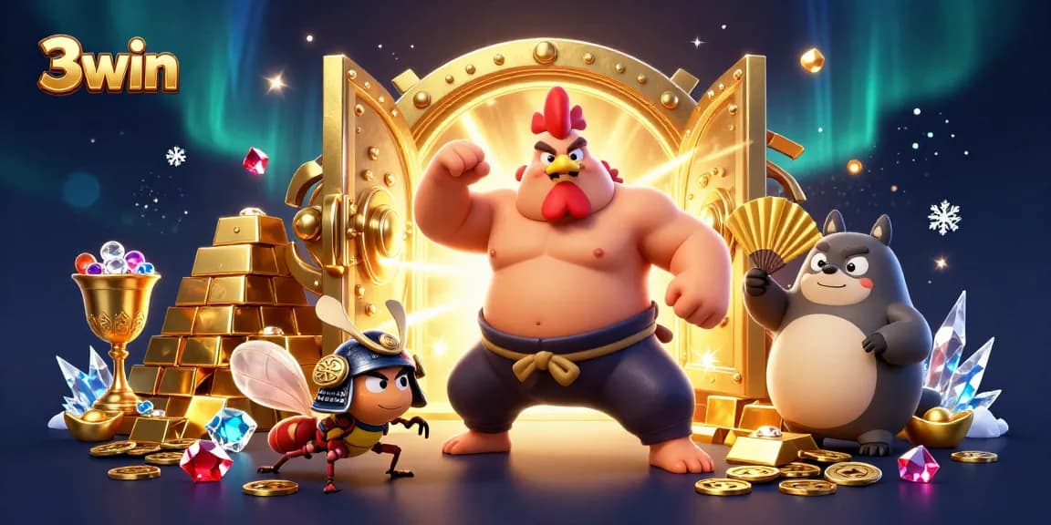 Experience thrilling adventures with 3win in a vibrant casino scene featuring dynamic characters and gold treasures.