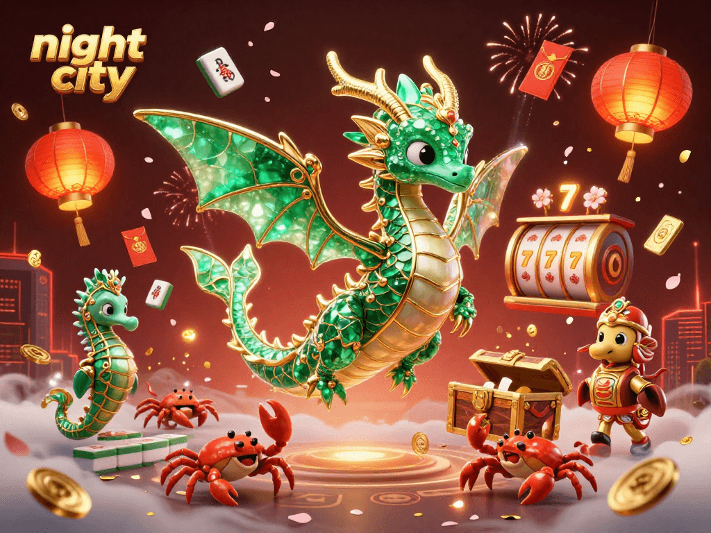 Experience the thrilling night city scene with vibrant dragons and winning slot symbols, capturing the essence of casino adventures.