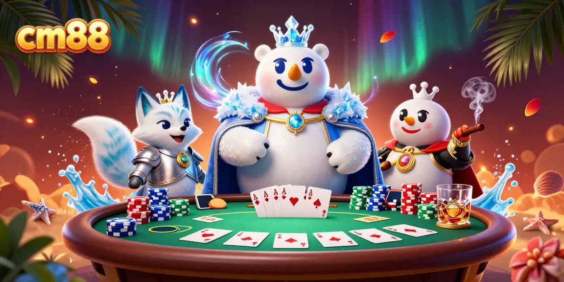 Experience the excitement of cm88 casino with a colorful poker scene highlighting the Ice King and a snow fox.