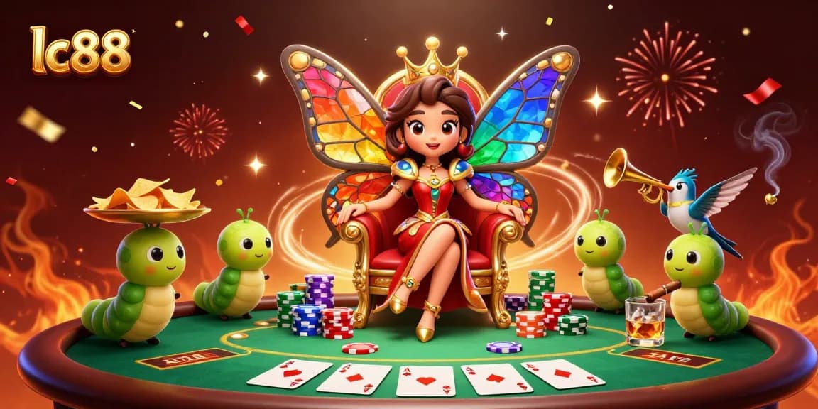 Experience thrilling gameplay with lc88's vibrant casino scene, featuring a butterfly queen and her colorful chip carriers.