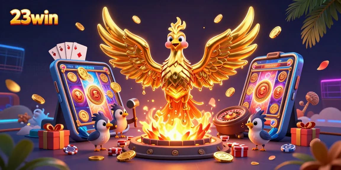 Experience vibrant 23win casino action with a golden phoenix, spinning slots, and poker chips in a dazzling scene.