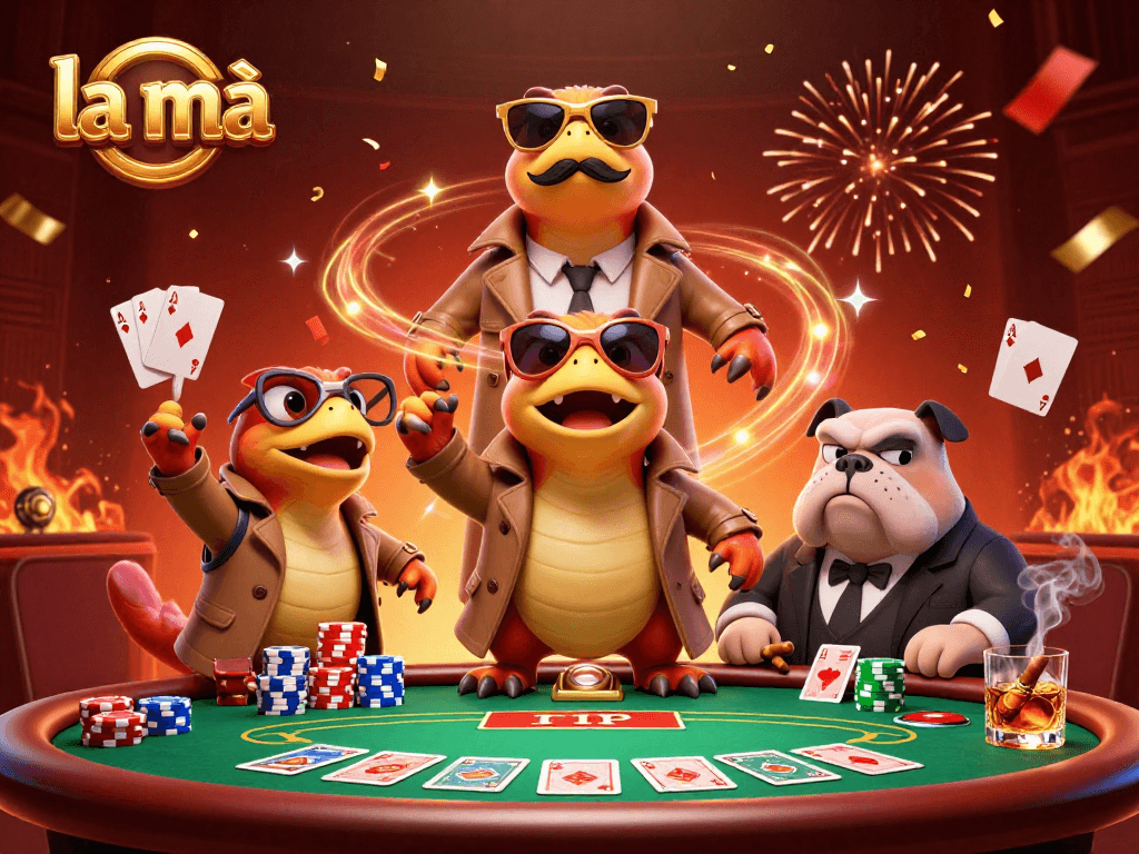 Players enter the VIP lounge at la mã casino, showcasing a comical scene with raptors and a bulldog bouncer.