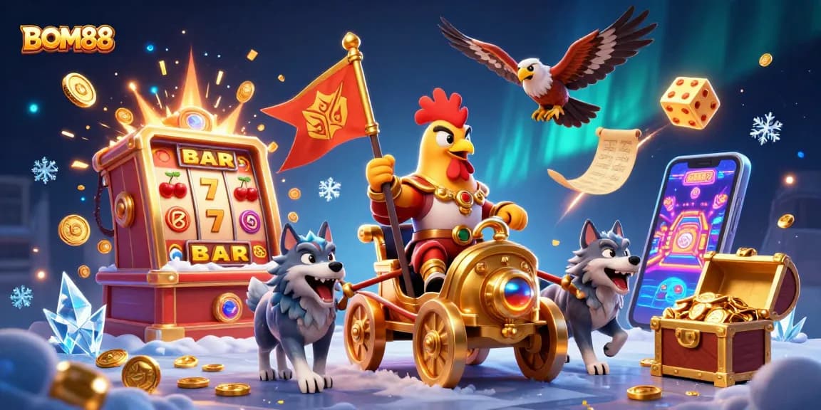 BOM88 boosts excitement with a 3D rooster warlord and jackpot explosion in an online casino scene.