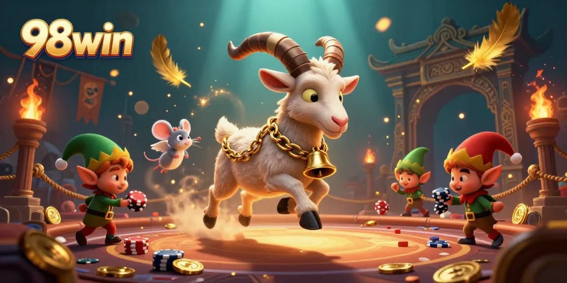 Experience excitement at 98win's casino with Krampus and playful characters stealing chips!